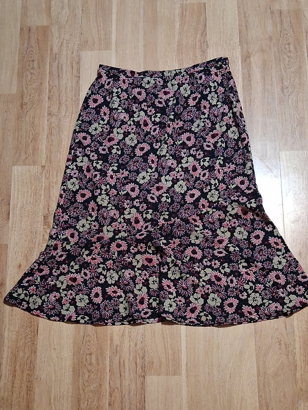 Sag Harbor Black Midi Skirt with Pink and Green Floral Print